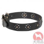 花柄付き犬用革　首輪(黄銅)