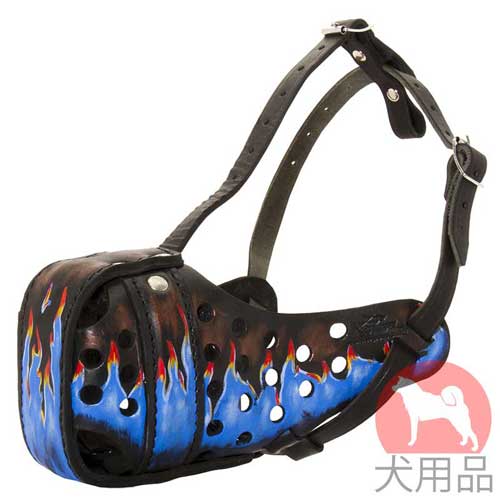 手描き犬　口輪(青炎柄)