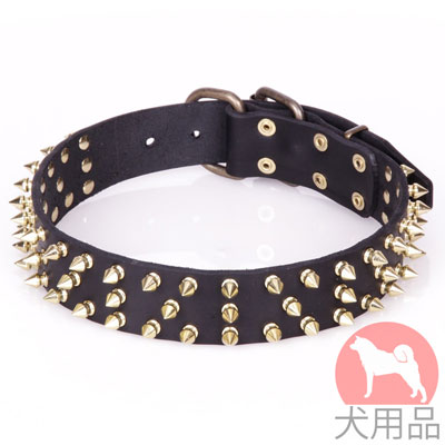 犬の毛に優しい本革製首輪　スパイク付き　かっこいい！