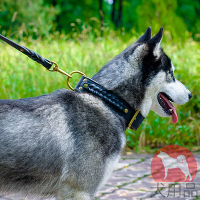 シベリアンハスキー　首輪　三つ編み装飾付き　上質な本革製