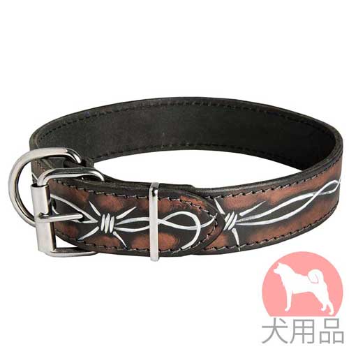 手描き革　首輪(有刺鉄線柄)